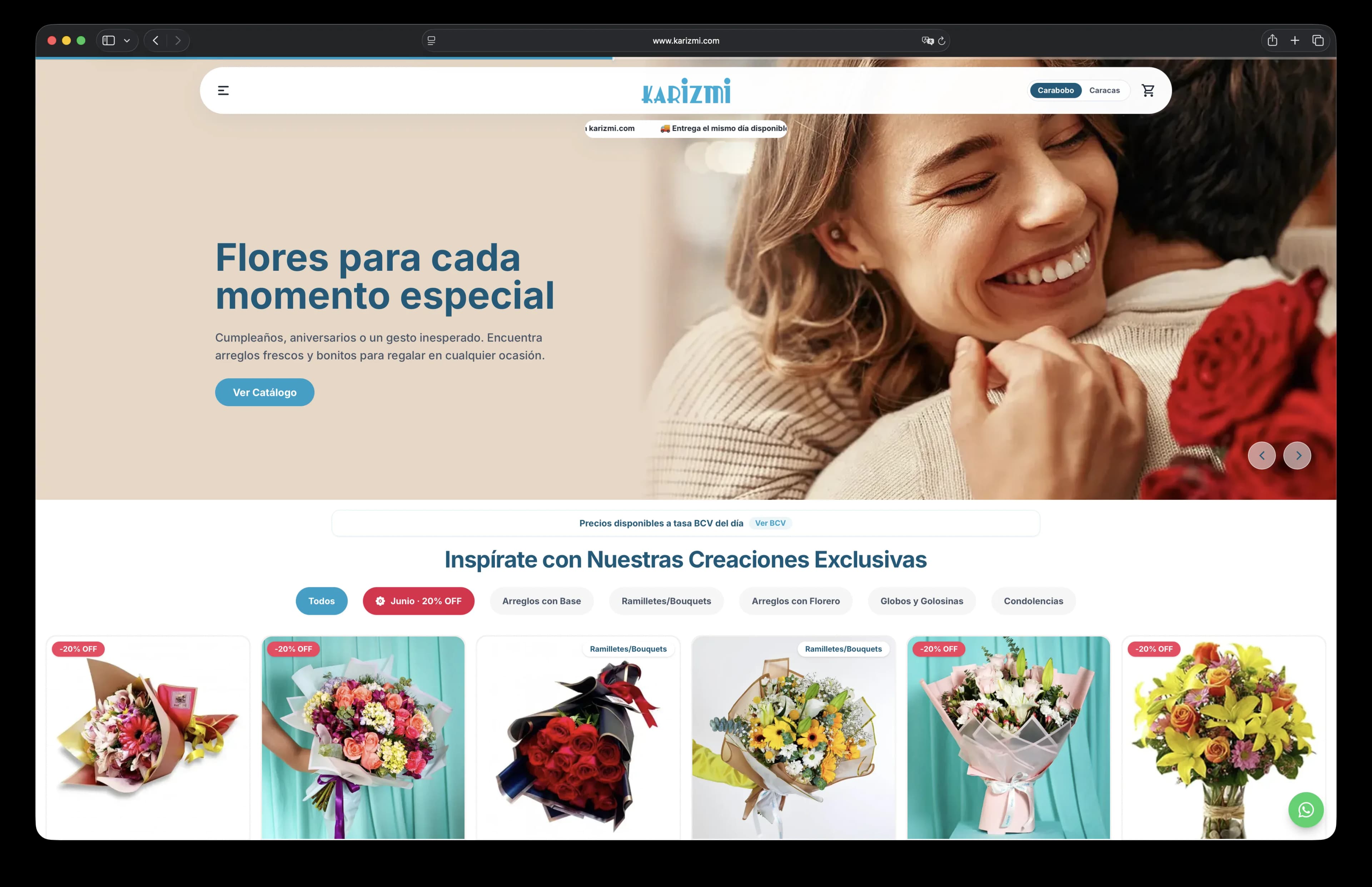 Karizmi storefront with a floral collection, delivery regions, and category filters