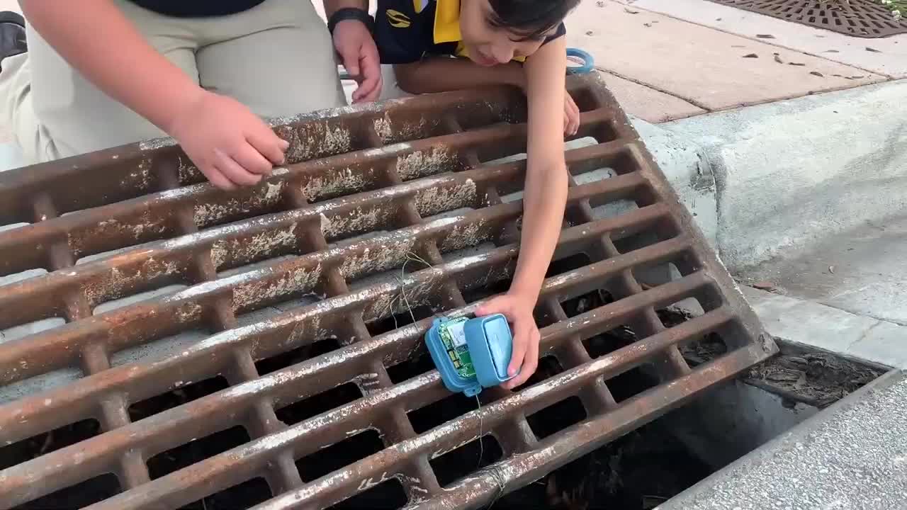 Student team deploying the Smart Drain sensor in a street drain during the flood-monitoring demonstration